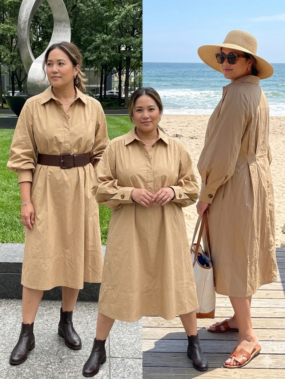 Mare mare x Anthropologie Tan Cotton Lantern Sleeve Back pleats Shirt Dress -1X